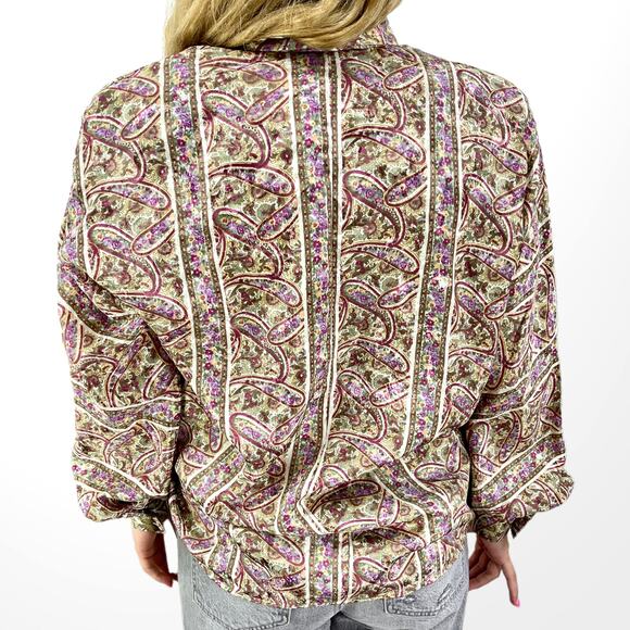 90s BROWNSTONE STUDIO Vintage Green Purple Paisley Bow Neck Blouse - Picture 2 of 12